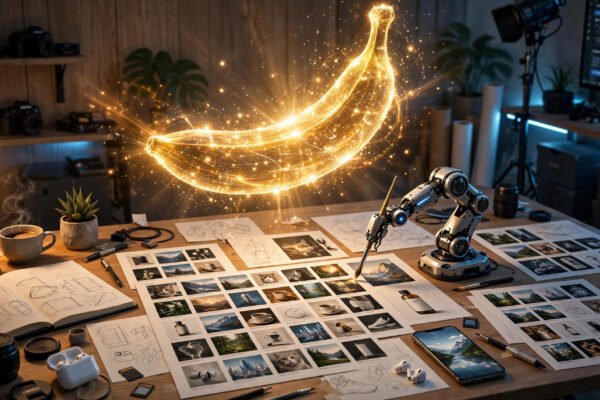 Nano Banana 2.1 by Google: glowing banana-shaped AI interface generating sharper 4K images for creators