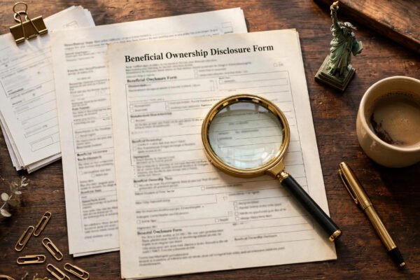 New York LLC Transparency Act 2026 filing guide: magnifying glass over a beneficial ownership compliance form