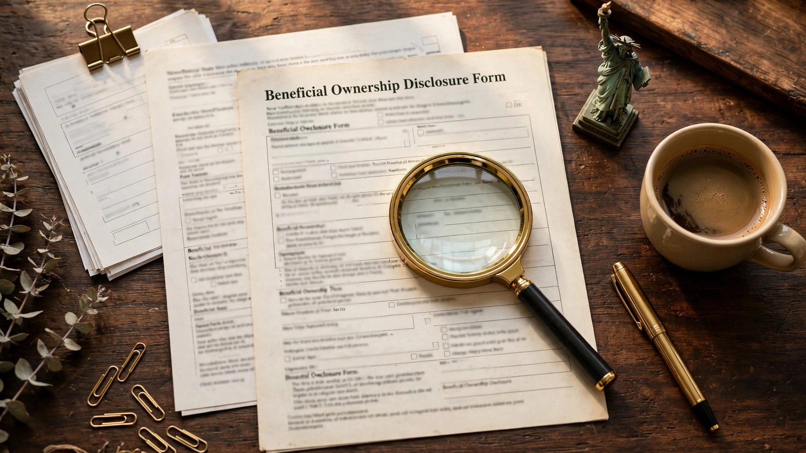 New York LLC Transparency Act 2026 filing guide: magnifying glass over a beneficial ownership compliance form