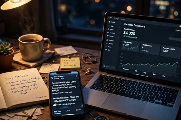 Freelance writer's desk at night with a phone showing the NewsBreak app beside an earnings dashboard