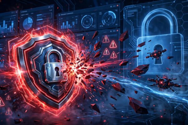 Ninja Forms vulnerability October 2026: cybersecurity shield defending a WordPress site under red alert glow