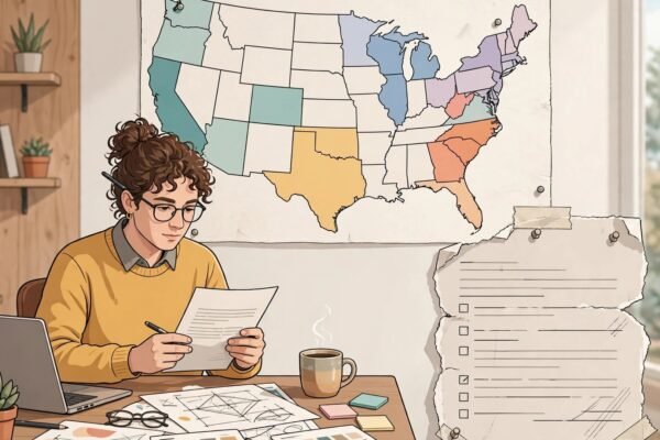 Freelancer reviewing a noncompete contract with a US map showing 2026 state law changes