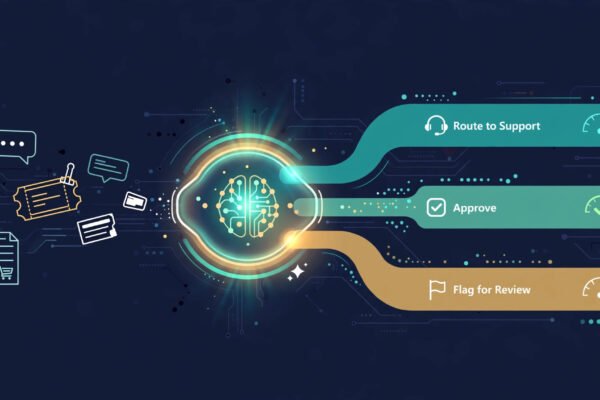 Support tickets and customer messages flowing into a glowing AI decision hub that sorts them into labeled lanes