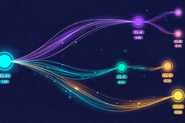 OpenAI Decisions API public beta: glowing AI decision-tree network with probability scores on dark navy background