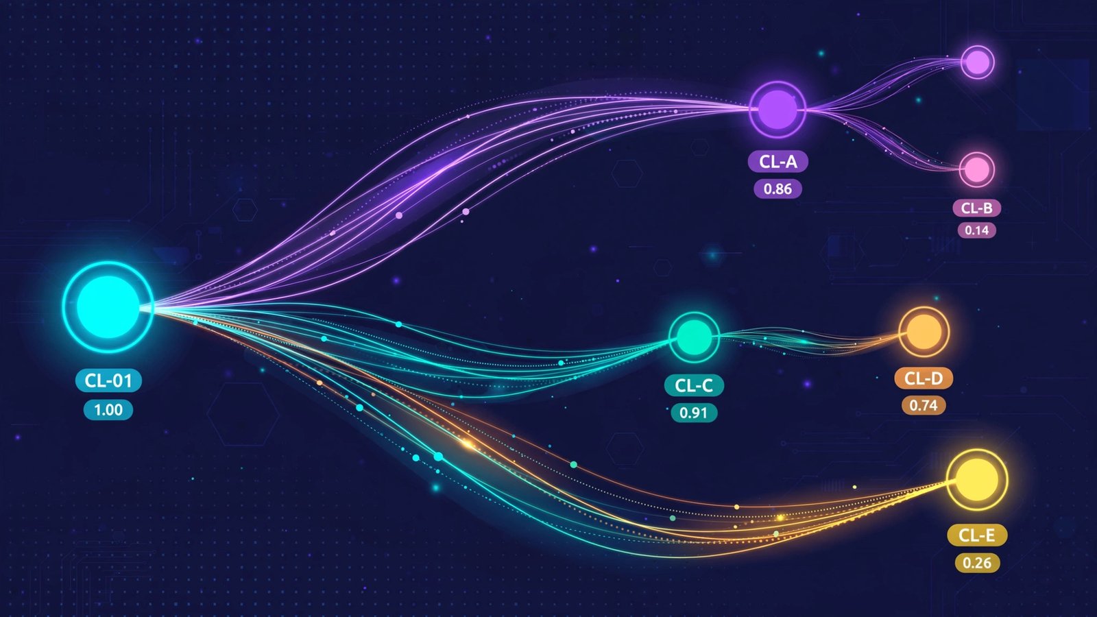 OpenAI Decisions API public beta: glowing AI decision-tree network with probability scores on dark navy background