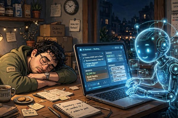 OpenAI Dots always-on AI agents small business - AI assistant working on a laptop while its owner sleeps
