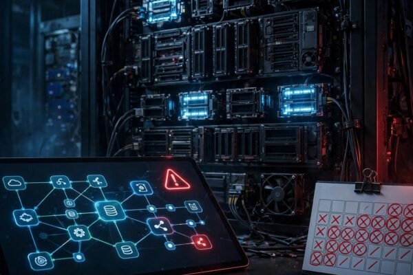 Server rack with failing lights and no-code dashboard warning of GPT-4o API shutdown January 2027