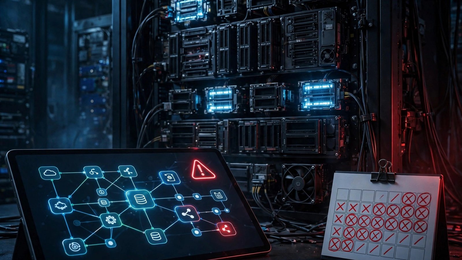 Server rack with failing lights and no-code dashboard warning of GPT-4o API shutdown January 2027