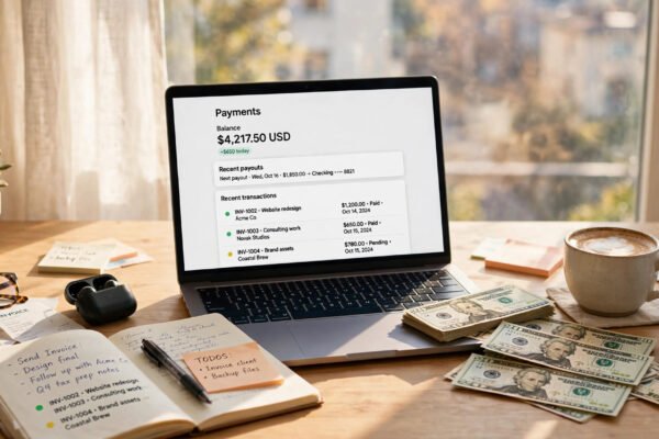 US freelancer laptop showing Payoneer payment dashboard with dollar bills and coffee on a bright desk