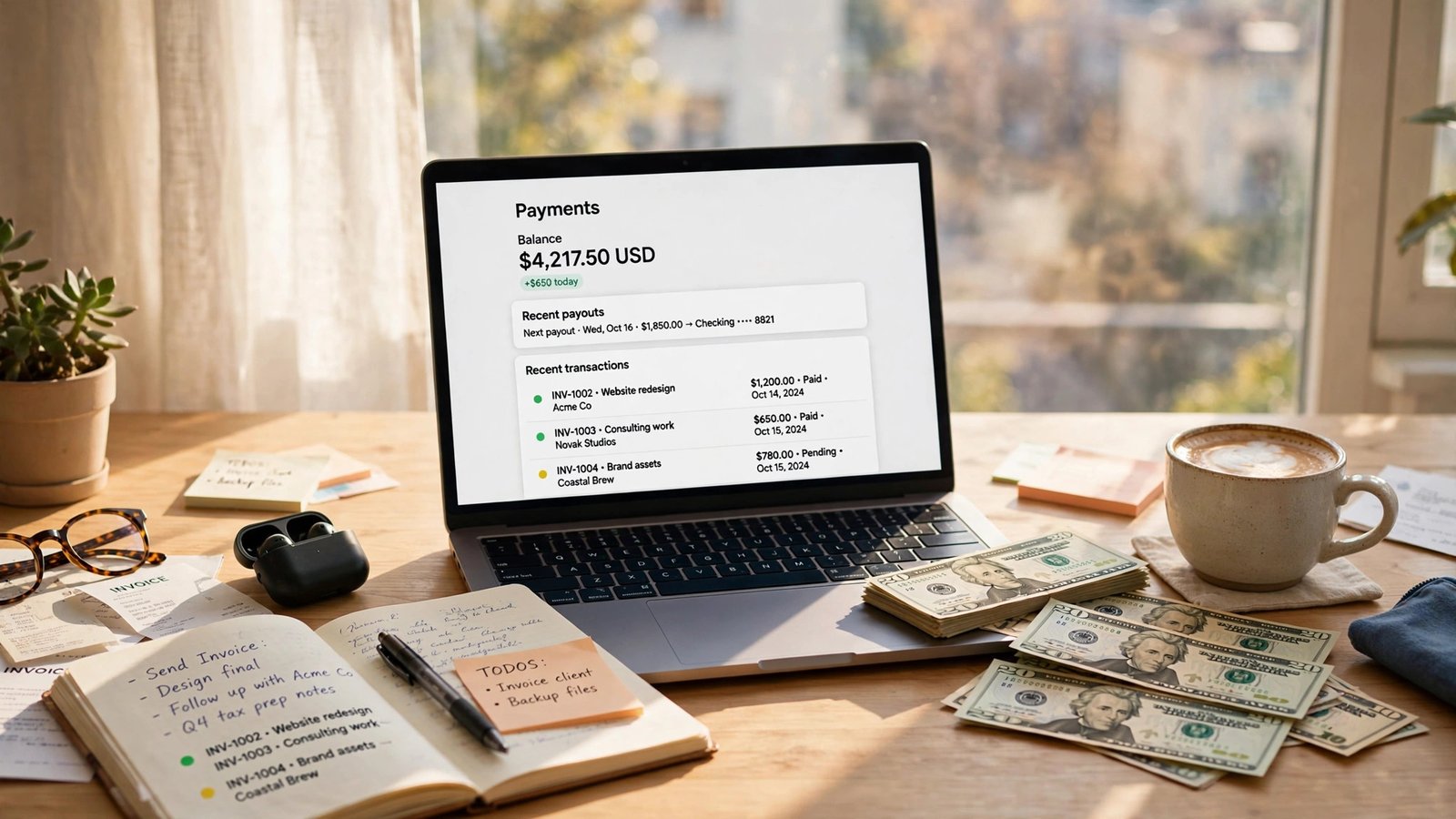 US freelancer laptop showing Payoneer payment dashboard with dollar bills and coffee on a bright desk