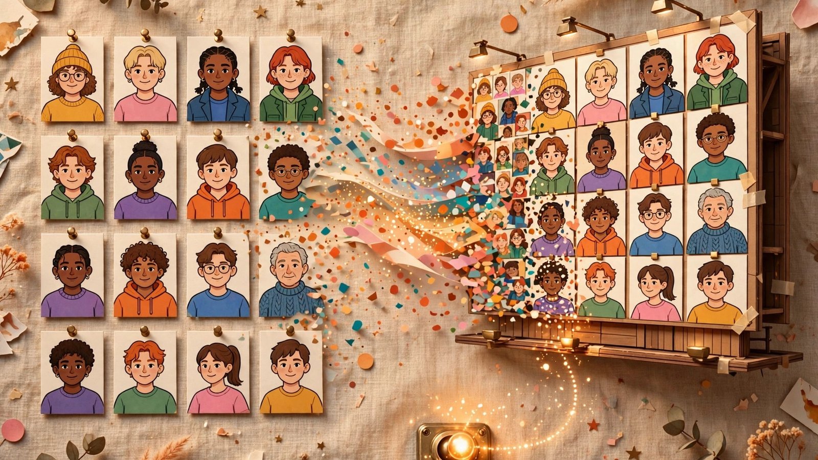 Creator's colorful Pinterest-style pin collage morphing into an advertising billboard with a settings toggle in front