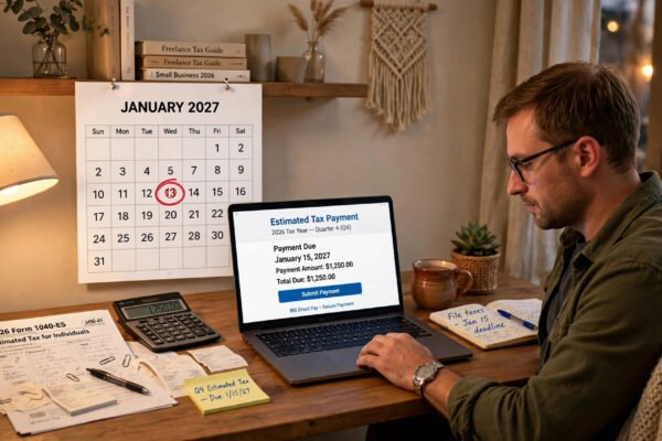 Freelancer home office desk with a calendar marked January 15 2027 and a laptop showing an estimated tax payment form