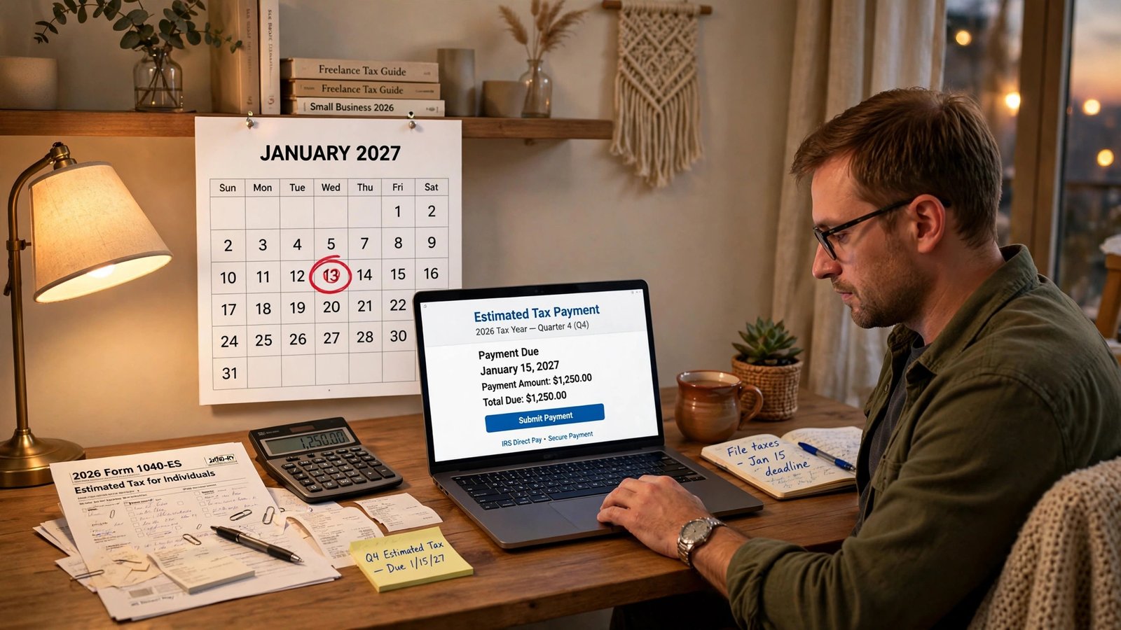 Freelancer home office desk with a calendar marked January 15 2027 and a laptop showing an estimated tax payment form