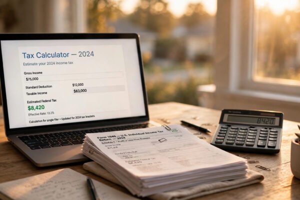 QBI deduction 2026: freelancer's desk with tax forms and calculator showing the 20% qualified business income tax break