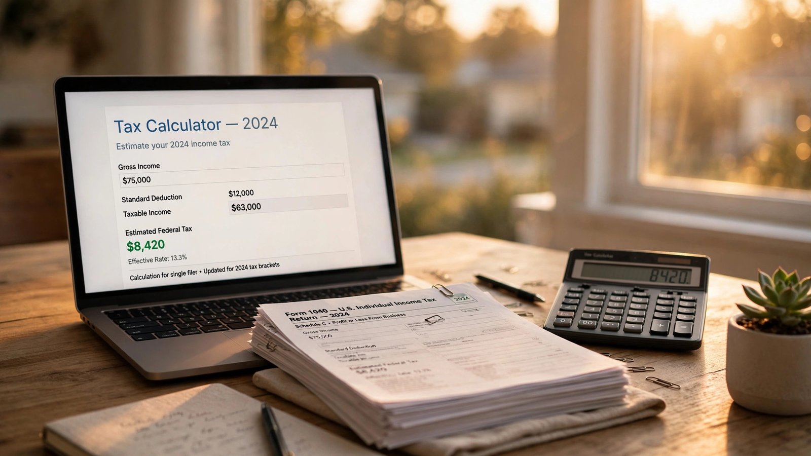QBI deduction 2026: freelancer's desk with tax forms and calculator showing the 20% qualified business income tax break
