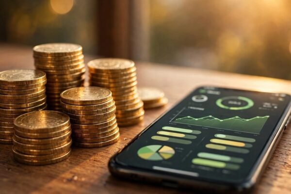 Raisin STACK bonus 2026: stacked gold coins next to a smartphone savings dashboard