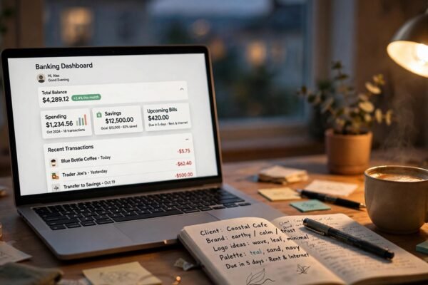 Freelance designer's desk at dusk with laptop open to a banking dashboard, illustrating Robinhood Banking for freelancers in 2026