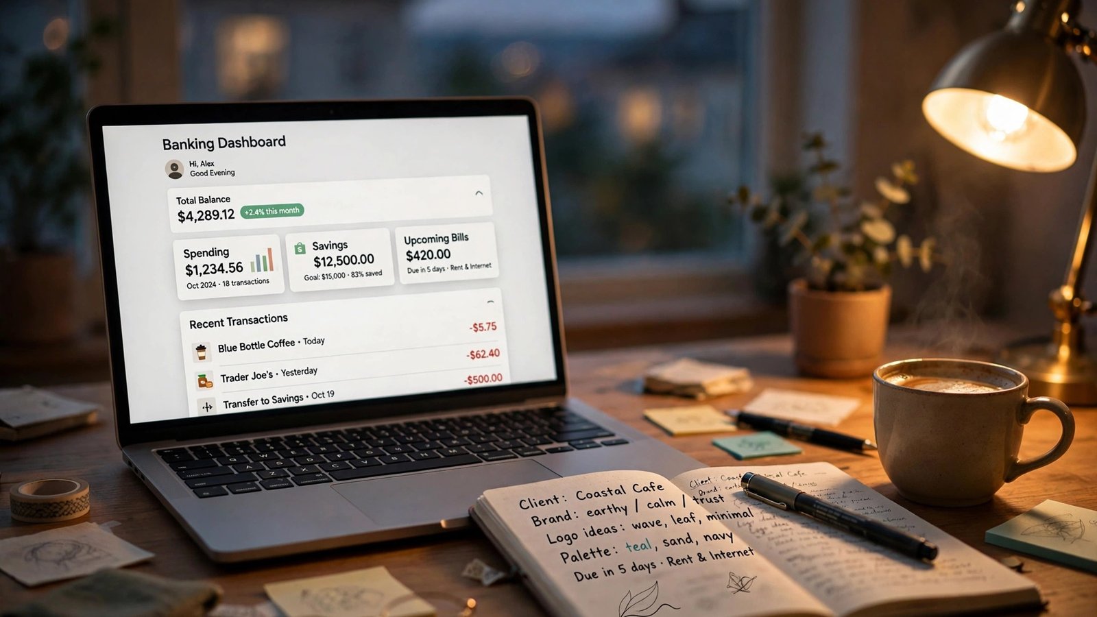 Freelance designer's desk at dusk with laptop open to a banking dashboard, illustrating Robinhood Banking for freelancers in 2026