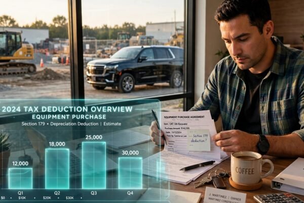 Small business owner reviewing equipment purchase papers beside a heavy SUV with a tax deduction chart