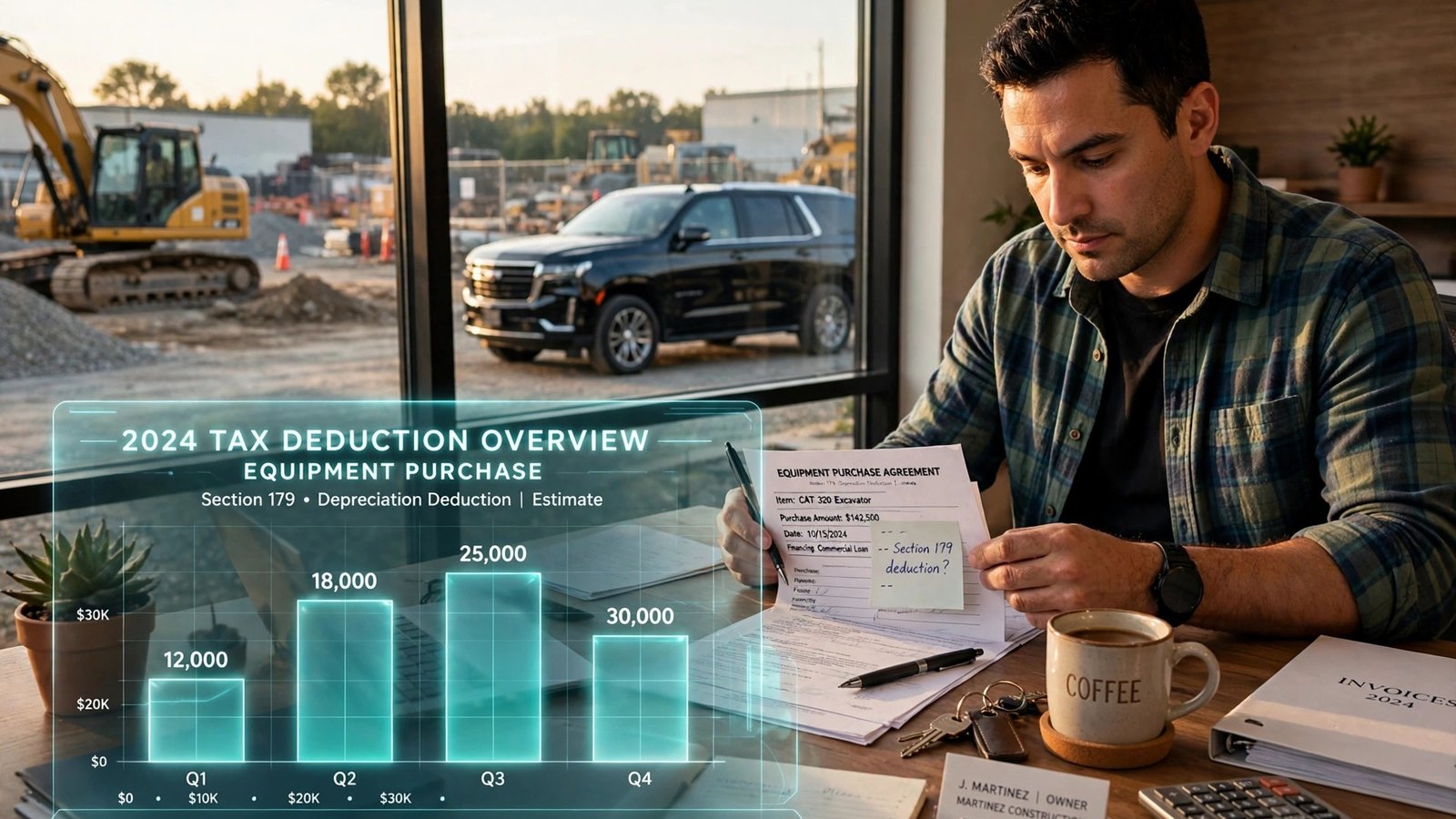 Small business owner reviewing equipment purchase papers beside a heavy SUV with a tax deduction chart
