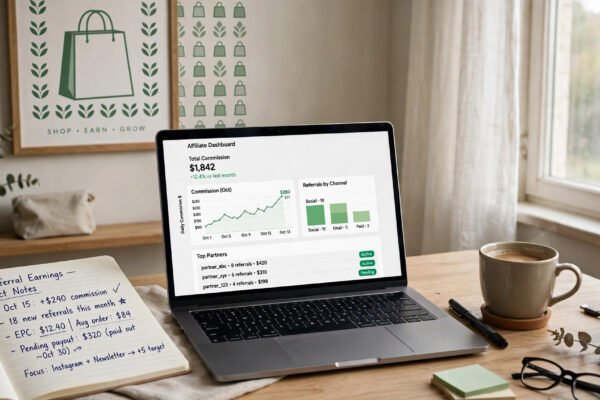 Shopify affiliate program dashboard on a laptop showing a $150 payout, dark green Shopify tones