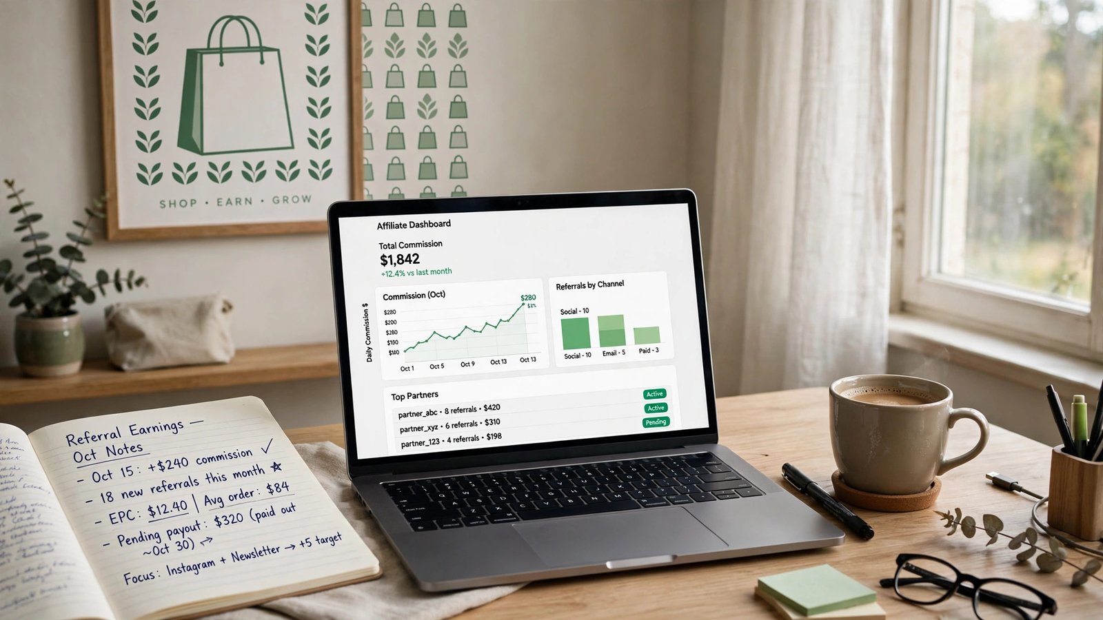 Shopify affiliate program dashboard on a laptop showing a $150 payout, dark green Shopify tones
