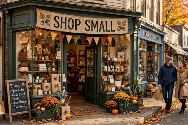 Small Business Saturday 2026 shop small main street storefront with holiday shoppers