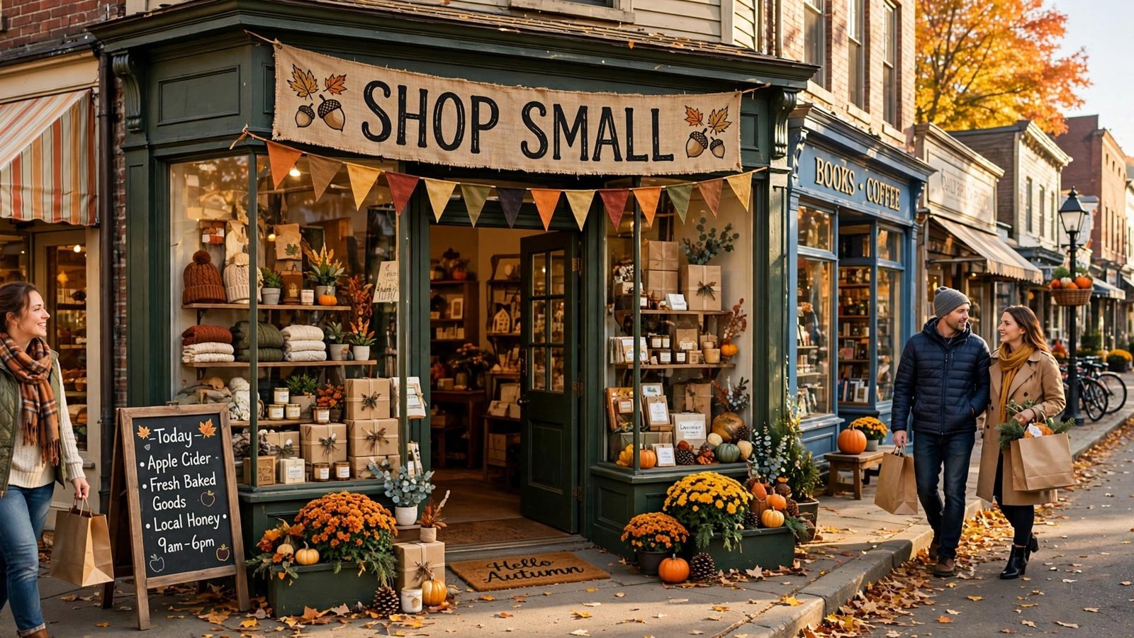 Small Business Saturday 2026 shop small main street storefront with holiday shoppers
