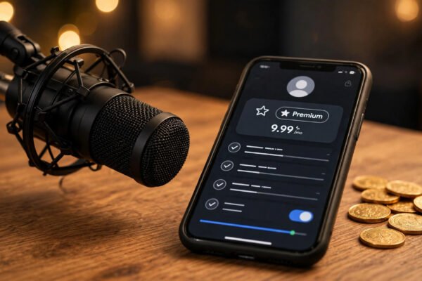 Podcast microphone beside a laptop showing membership pricing tiers with stacked dollar coins