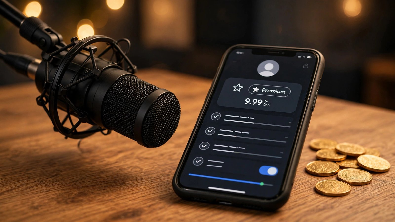 Podcast microphone beside a laptop showing membership pricing tiers with stacked dollar coins