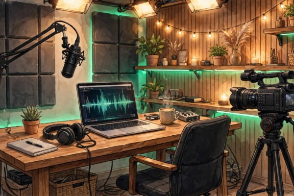 Spotify Partner Program October 2026: video podcast studio with microphone, camera, and audio waveforms