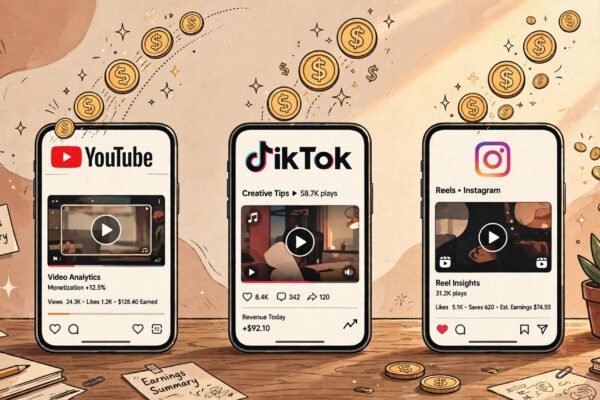 Creator desk flat-lay with a phone filming vertical video and three glowing platform bonus badges