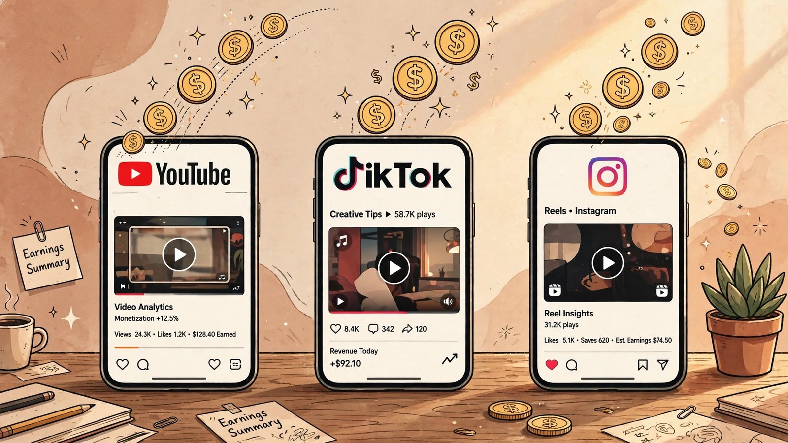 Creator desk flat-lay with a phone filming vertical video and three glowing platform bonus badges