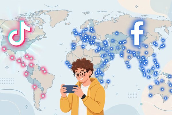 TikTok Creator Rewards in 8 countries vs Facebook monetization in 70 - creator holding phone over world map