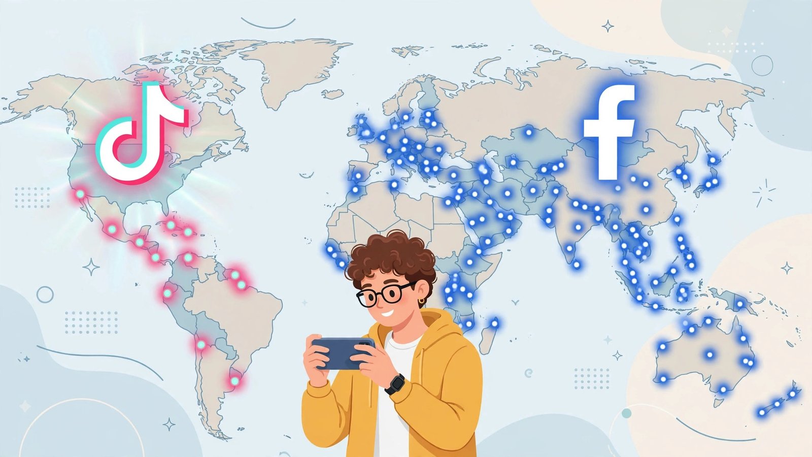 TikTok Creator Rewards in 8 countries vs Facebook monetization in 70 - creator holding phone over world map