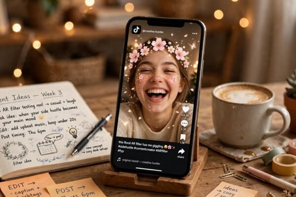 TikTok Effect Creator Rewards 2026: smartphone showing a playful AR face filter that pays creators up to $14,000