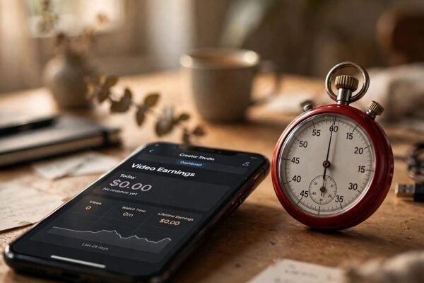 TikTok one-minute rule 2026: phone showing $0.00 video earnings next to a red 60-second stopwatch