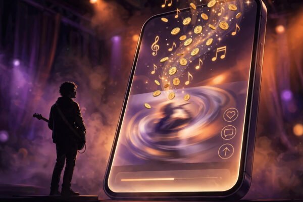 tiktok per-play music payouts 2026 — A musician silhouette in front of a giant glowing smartphone playing a TikTok-style