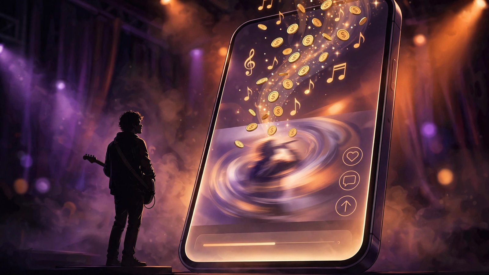 tiktok per-play music payouts 2026 — A musician silhouette in front of a giant glowing smartphone playing a TikTok-style