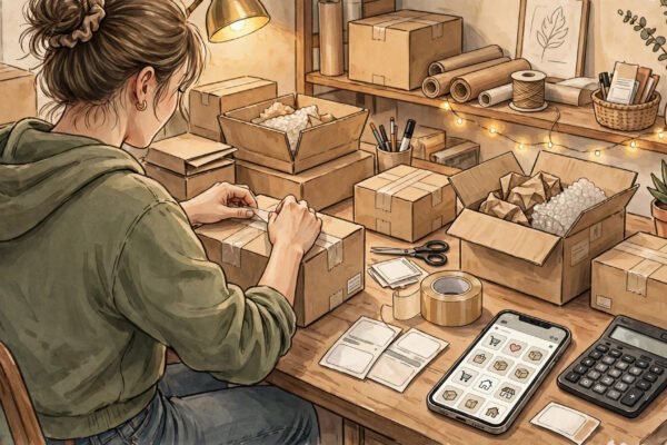 TikTok Shop seller fees Q4 2026: seller packing station with shipping box, label printer, and phone order