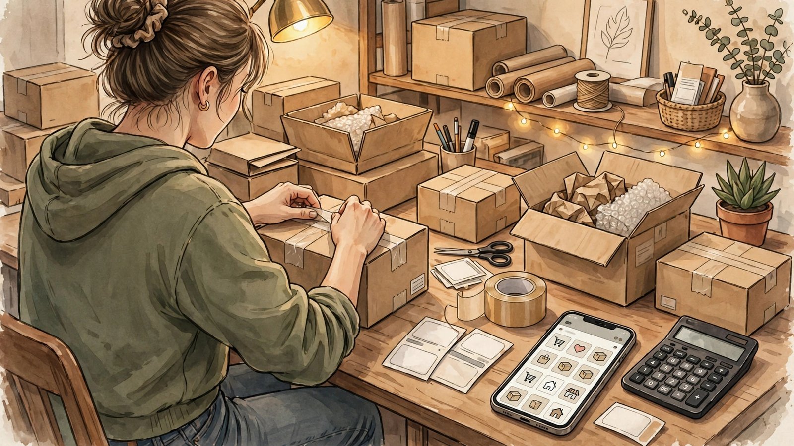 TikTok Shop seller fees Q4 2026: seller packing station with shipping box, label printer, and phone order