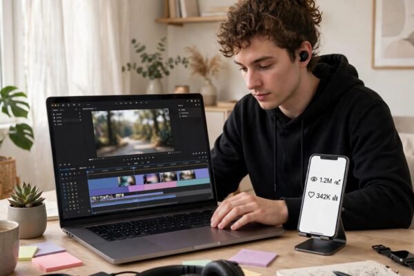 Creator editing short-form video clips on a laptop with a phone showing view counts