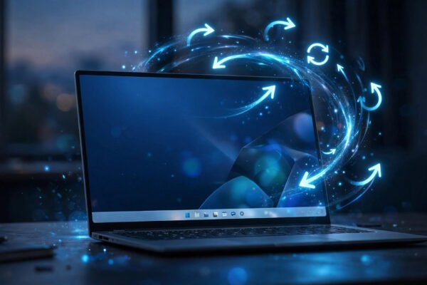 Windows 11 26H2 update new features 2026: glowing Windows 11 desktop on laptop