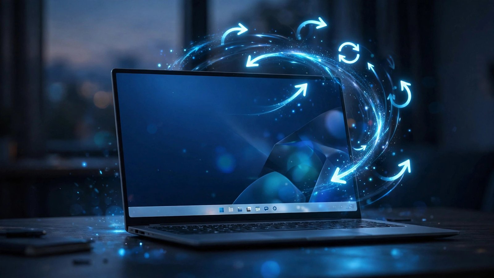 Windows 11 26H2 update new features 2026: glowing Windows 11 desktop on laptop