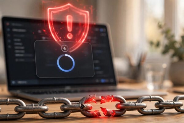 WordPress supply chain attacks 2026: plugin update notice with red warning shield over a broken chain
