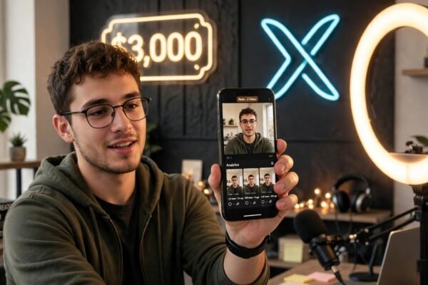 Content creator filming vertical video in a home studio with a glowing $3,000 X bonus badge