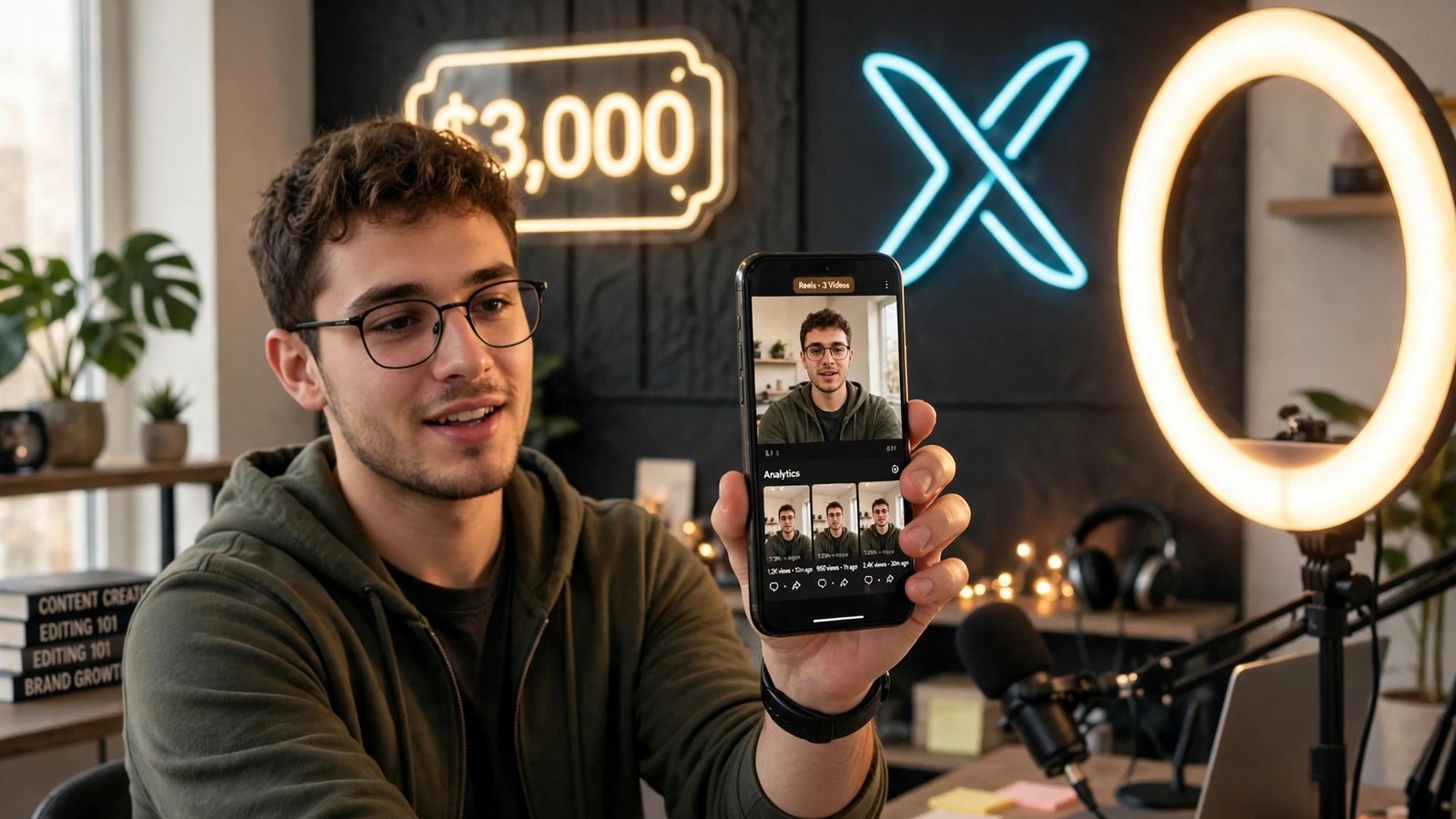 Content creator filming vertical video in a home studio with a glowing $3,000 X bonus badge