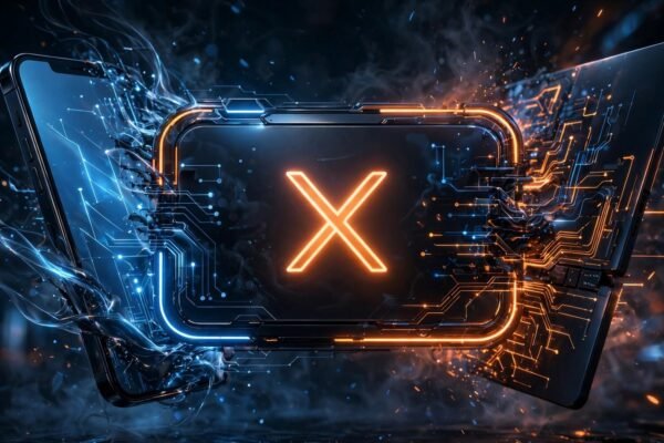 Glowing subscription card labeled X merging a smartphone, laptop and code editor, dark neon fintech illustration