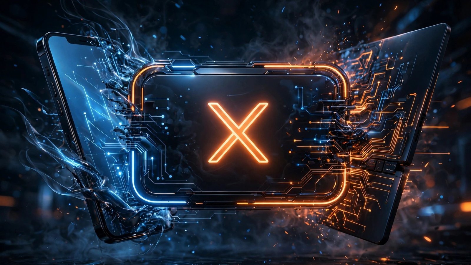 Glowing subscription card labeled X merging a smartphone, laptop and code editor, dark neon fintech illustration