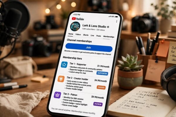 youtube channel memberships 2026 — A smartphone showing a YouTube channel's "Join" membership button with tier badges